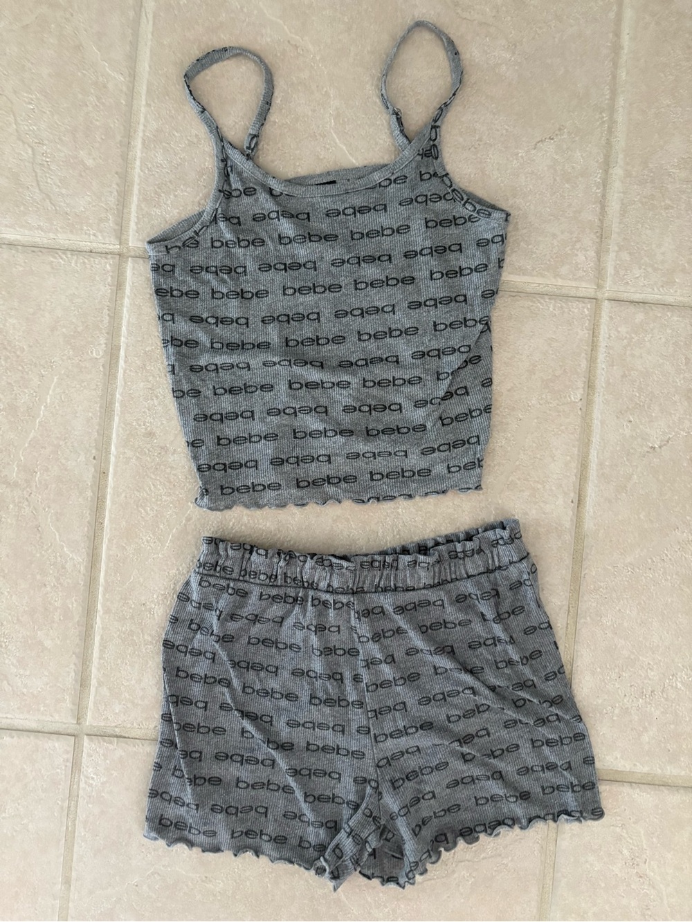 Bebe Gray Logo Ribbed Crop Tank & Shorts Cami Set - Size XS/S